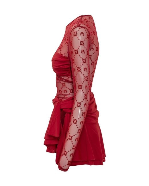 MARINE SERRE Red Moonogram Flock Ruffle Mini Dress