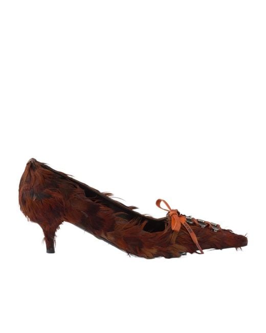 Prada Brown Feather-Embellished Satin Pumps