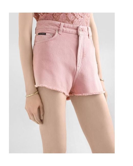 Dolce & Gabbana Pink Logo Plaque Frayed Hem Denim Shorts