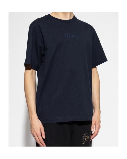 Burberry Blue Logo Embroidered Crewneck T-Shirt for men