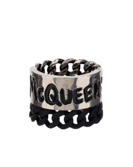 McQueen Black Graffiti Logo Chain-Linked Ring for men