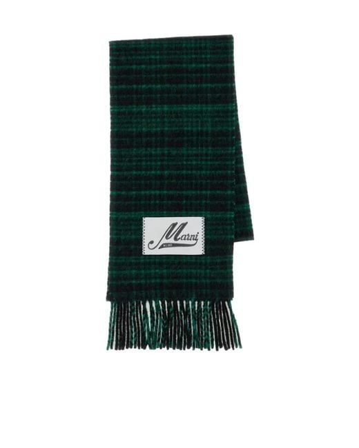 Marni Green Checked Logo Patch Fringed Scarf