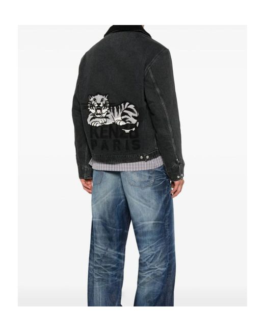 KENZO Black Logo Embroidered Denim Jacket for men
