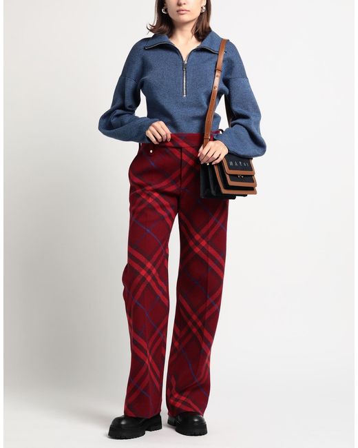 Burberry Red Plaid High-Waist Straight-Leg Pants