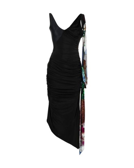 MARINE SERRE Black Asymmetric Draped Scarf-Detailed Dress