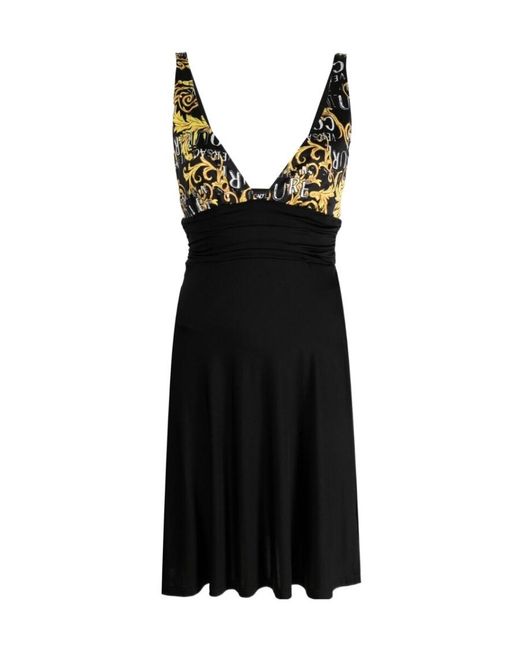 Versace Jeans Black Couture Logo-Printed V-Neck Mini Dress