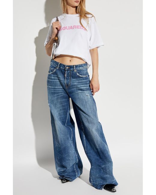 DSquared² Blue Distressed Wide-Leg Denim Jeans