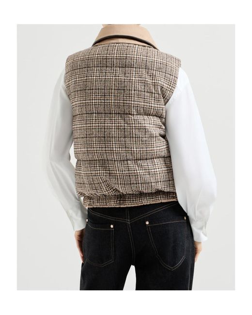 Brunello Cucinelli Brown Twill And Prince-Of-Wales Reversible Down Vest With Detachable-Leather-Collar And Monili