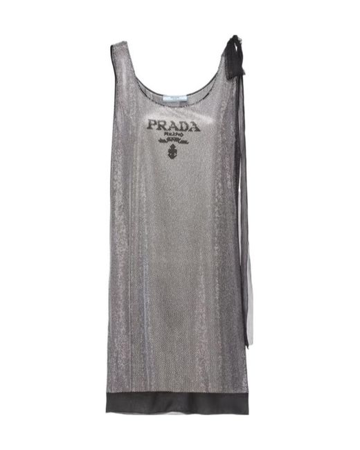 Prada Gray Crystal-Embellished Chiffon Dress