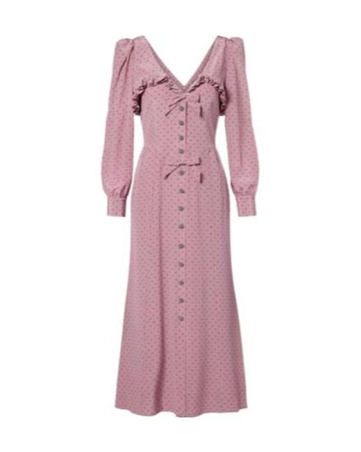 Alessandra Rich Purple Polka-Dot Ruffled Silk Midi Dress