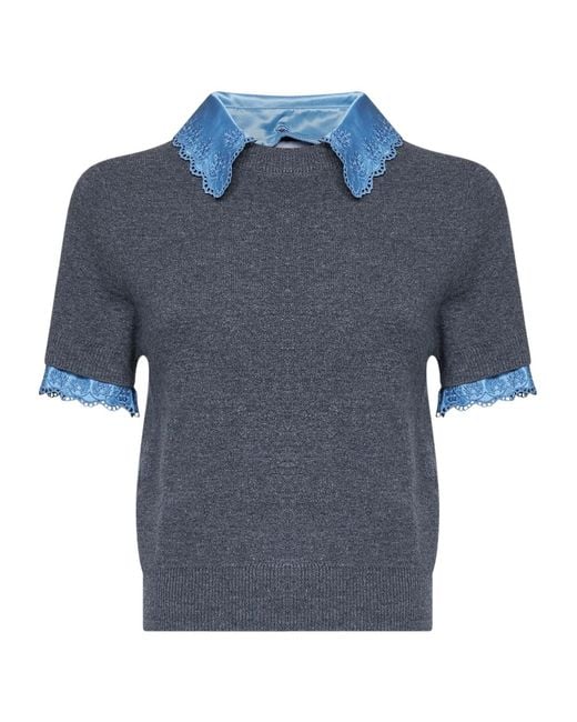 Rabanne Blue Rabanne Satin Collar Short Sleeve Knitted Sweater
