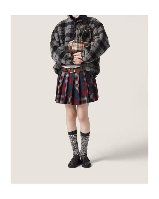 Miu Miu Red Pleated Plaid Patchwork Miniskirt