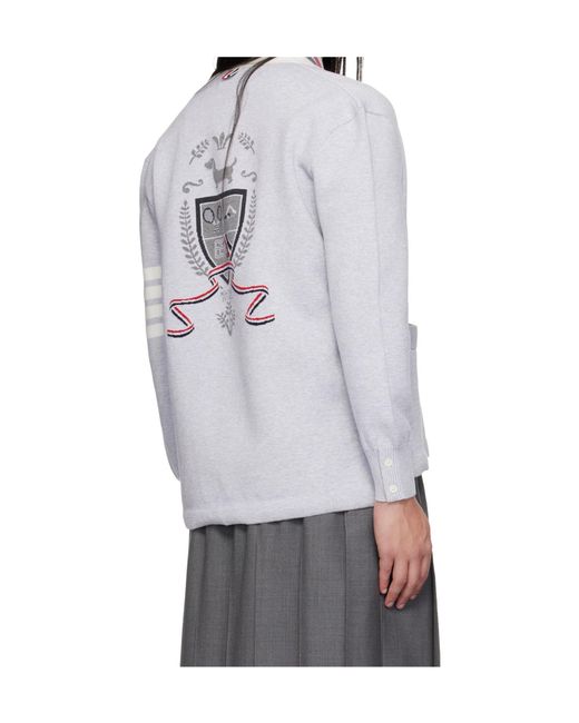 Thom Browne White Crest Intarsia Jacquard-Bar Rugby Fit Cardigan for men