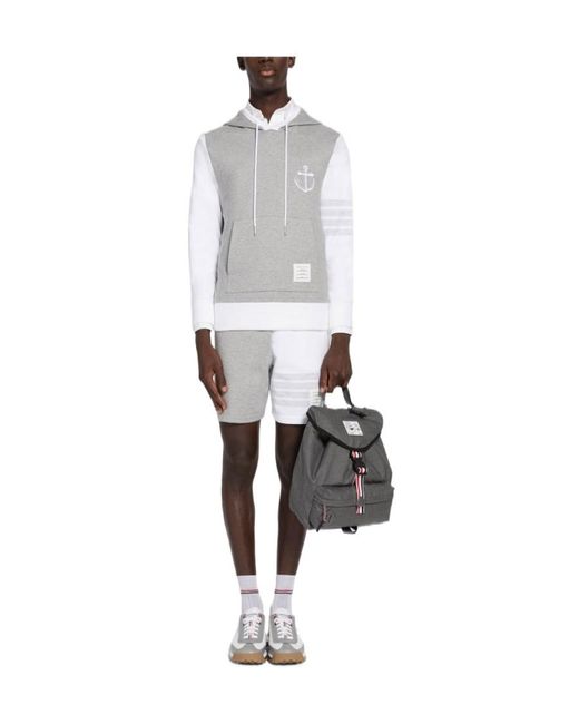 Thom Browne White Anchor Embroidered Drawstring Hoodie for men