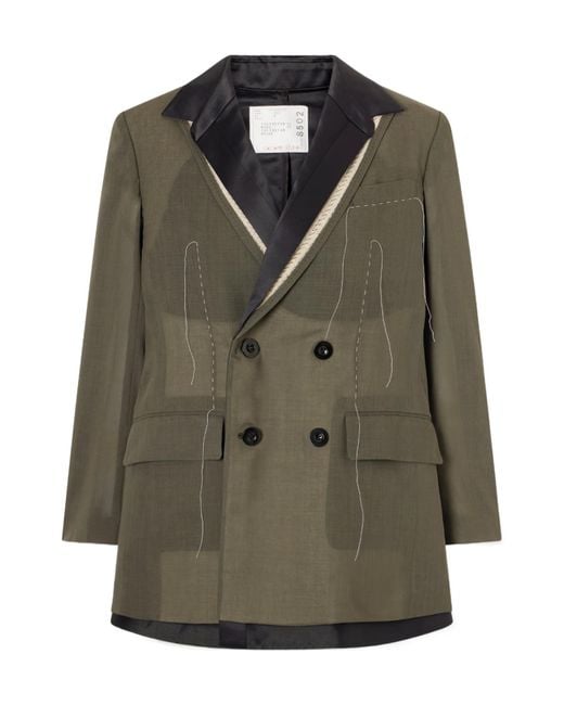 Sacai Green Double-Breasted Pleated Embroidered Suit Jacket