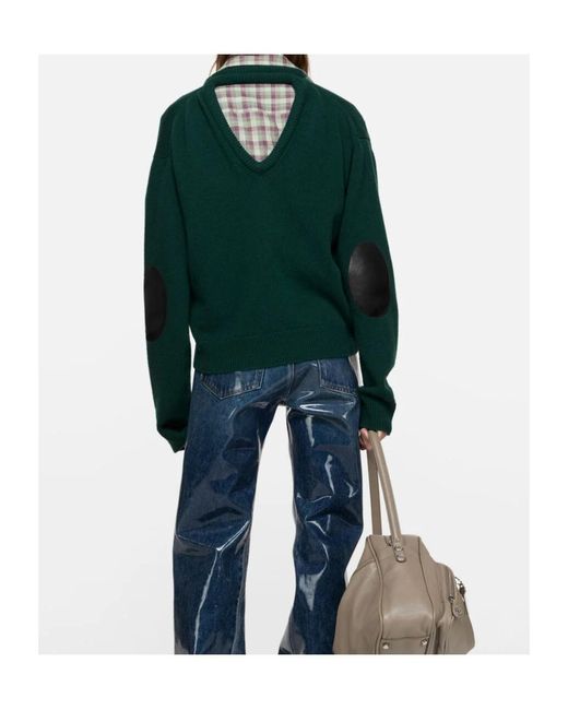 Acne Green V-Neck Leather-Patch Sweater