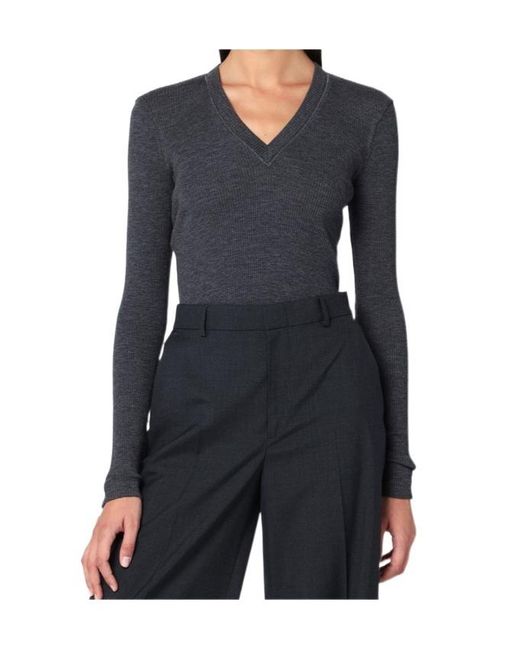 Brunello Cucinelli Blue Ribbed V-Neck Sweater