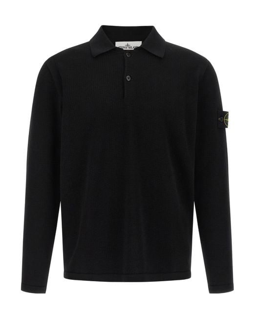 Stone Island Black Long-Sleeve Knit Polo Shirt for men