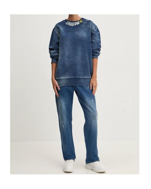 Barrow Blue Logo Printed Crewneck Denim Sweatshirt for men