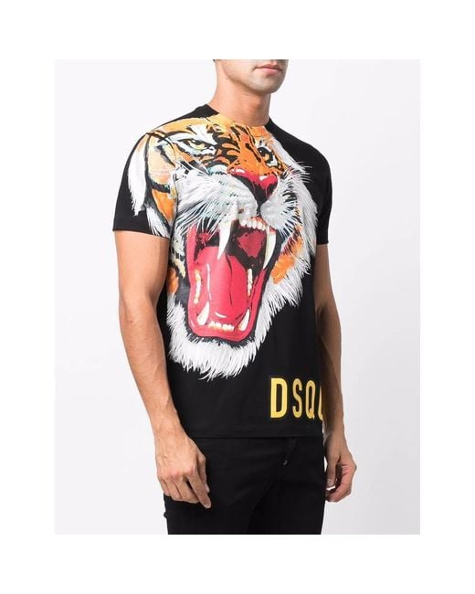 DSquared² Black D2 Lrg Tiger Prnt Ss Tee Blk for men