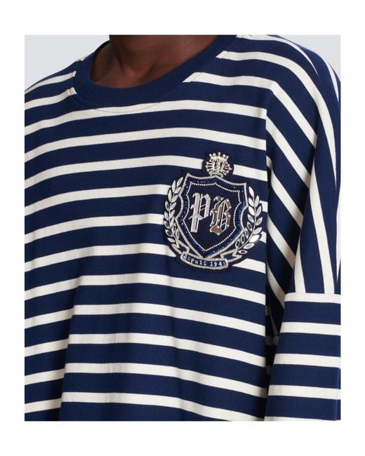 Balmain Blue Cotton College Emblem Sweatshirt With Breton Stripes for men