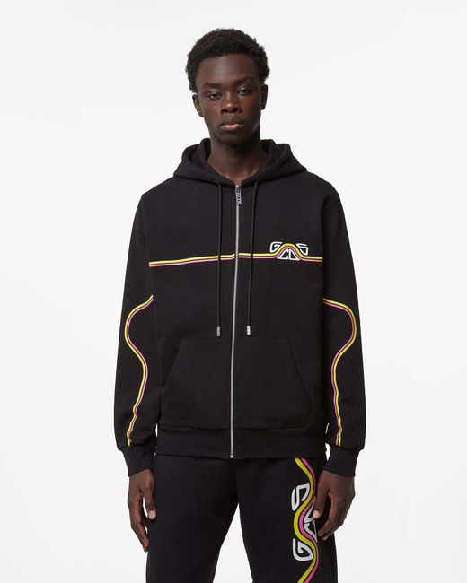 Gcds Black Waved Logo Zip-Up Hoodie for men