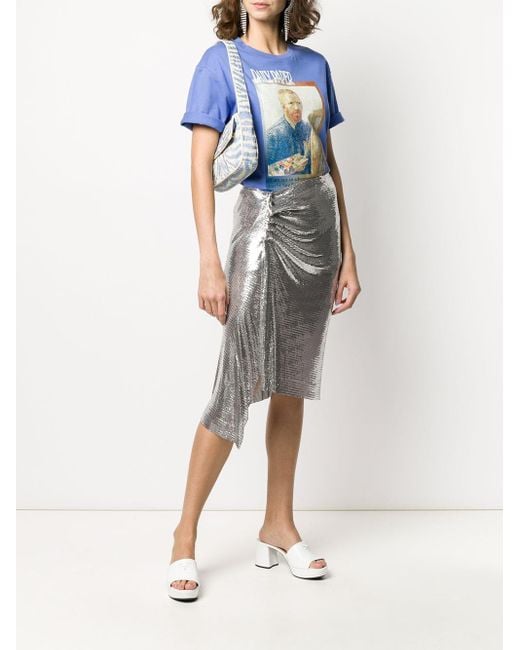 Rabanne Gray Asymmetric Metallic Ruched Midi Skirt