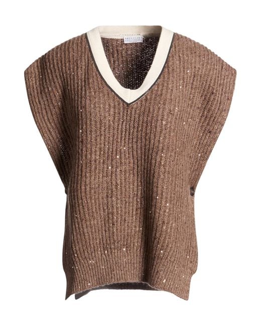 Brunello Cucinelli Brown Vneck Shortsleeve Knit Top