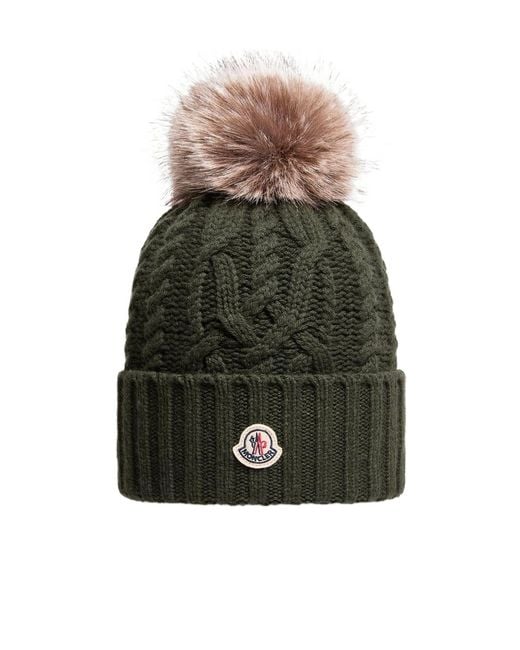 Moncler Green Wool Cashmere Blend Beanie With Pom Pom