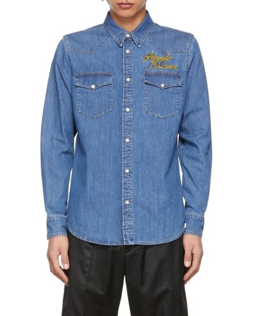McQueen Blue Logo Detailed Denim Shirt for men