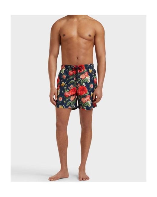 Vilebrequin Blue Elasticated-Waistband Floral-Print Swim Shorts for men