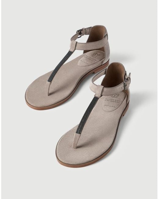 Brunello Cucinelli Brown Embellished T-Strap Flat Sandals