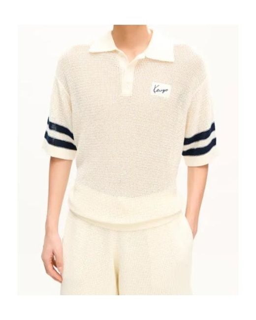 KENZO White Open-Weave Short-Sleeve Polo Shirt for men