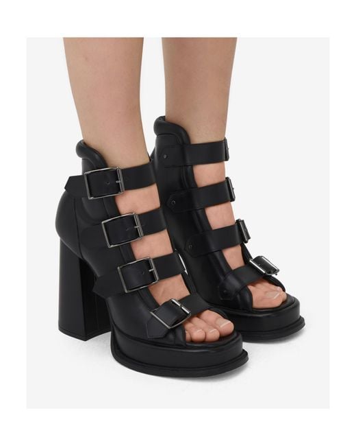 McQueen Black Caged Buckle Strap Sandals