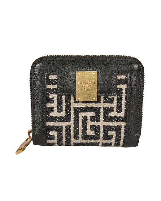 Balmain Black Bicolor Jacquard 1945 Coin Pouch With Leather Panels