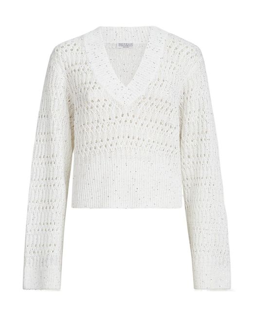 Brunello Cucinelli White Openwork V-Neck Knitted Sweater