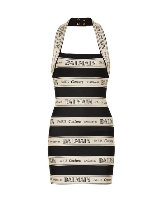 Balmain Black Logo Jacquard Halterneck Mini Dress