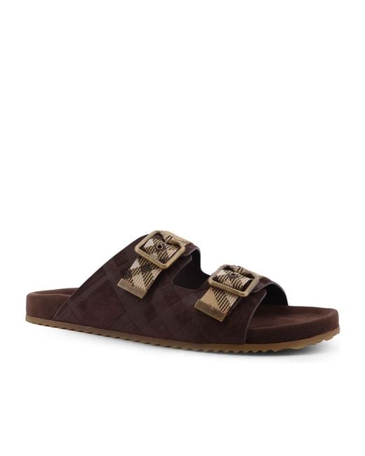 Burberry Brown Double Buckle Checked Slides for men