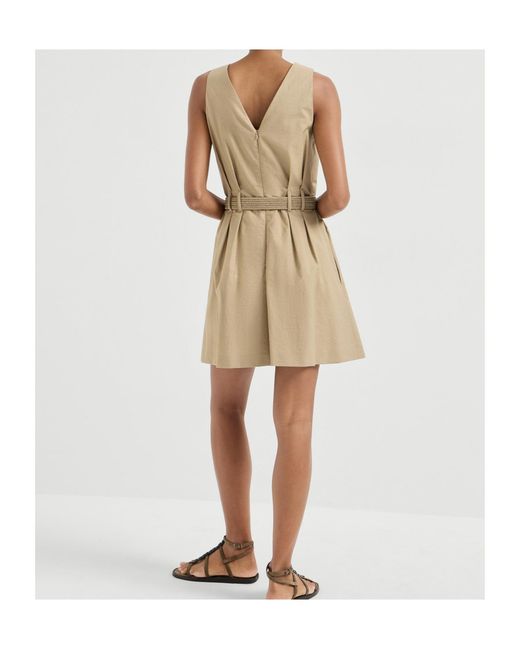 Brunello Cucinelli Natural Belted V-Neck Mini Dress