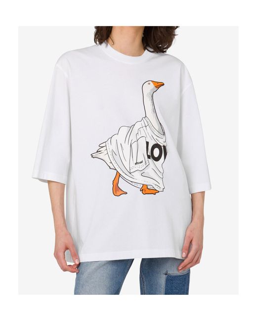 Moschino White Goose Printed Oversized T-Shirt