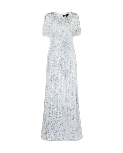 Jenny Packham White Crystal-Embellished Sequined Chiffon Gown