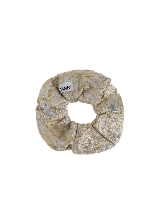 Ganni White Logo Patch Metallic Scrunchie