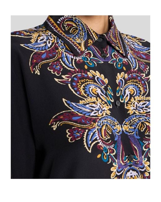 Etro Black Silk Shirt With Placed Paisley Foliage Print
