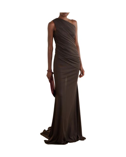 Alex Perry Brown One-Shoulder Gathered Jersey Gown