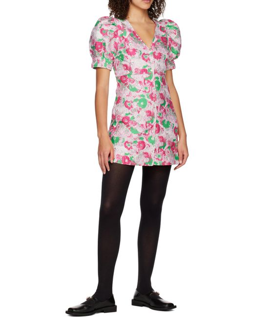 Ganni Pink Floral Printed V-Neck Mini Dress