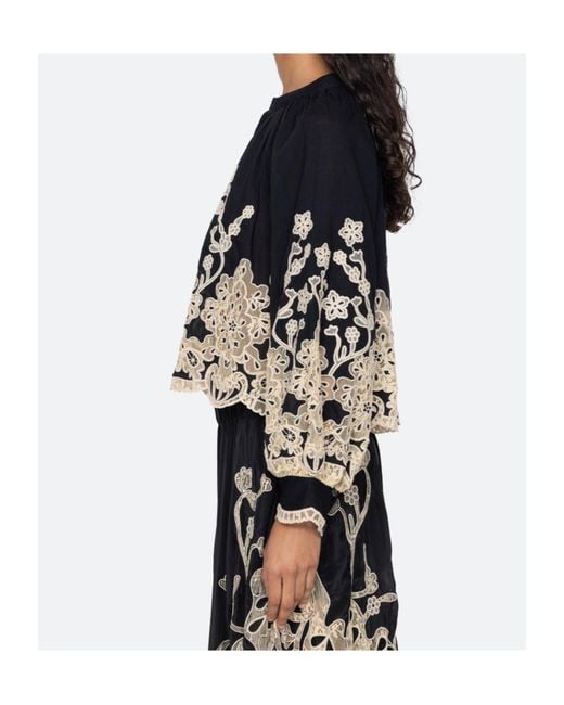 Sea Black Gracelyn Lace-Trimmed Embroidered Blouse