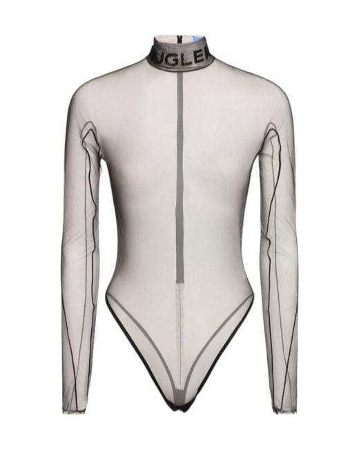 Mugler Gray Transparent Sheer High-Neck Romper