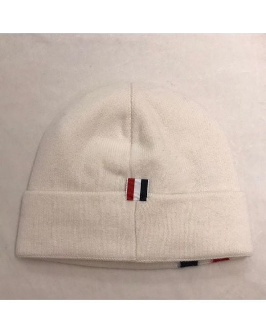 Thom Browne White Stripe Detail Merino Beanie for men