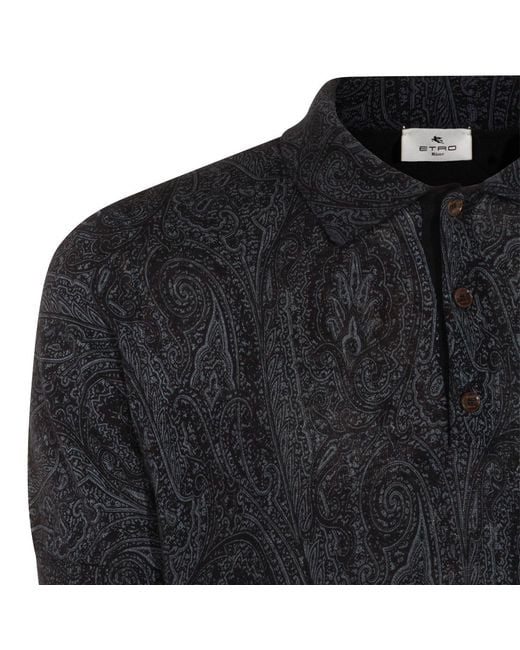 Etro Black Floral-Paisley Short-Sleeved Polo Shirt for men