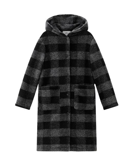 Woolrich Black Checked Hooded Wool-Blend Coat